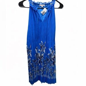 Skies Are Blue Blue Pleated Floral Sleeveless Midi Dress Size L NWT